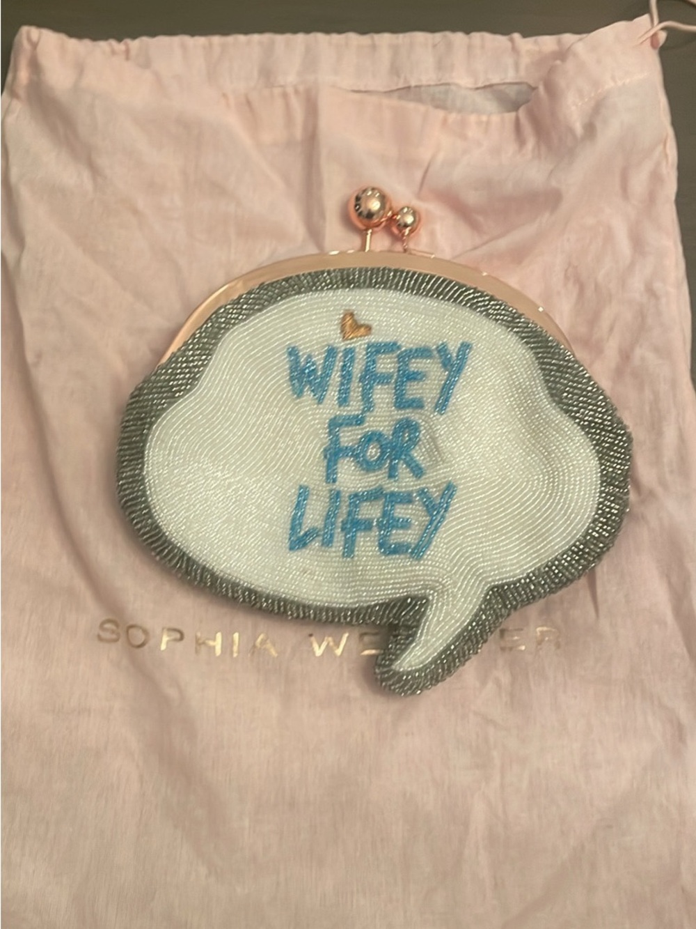 Sophia Webster White Beaded 'Wifey For Lifey' Cotton Clutch with Blue Script